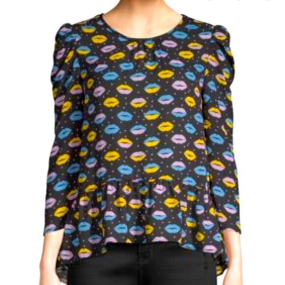 Anna Sui Novelty Lip Print Peplum High Low Blouse Size XS - Picture 2 of 12